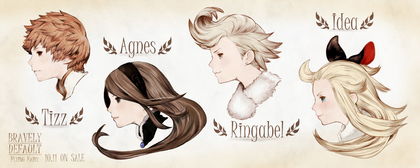 2boys 2girls 5pb. agnes_oblige blonde_hair blue_eyes bravely_default:_flying_fairy bravely_default_flying_fairy brown_eyes brown_hair edea_lee everyone floating_heads group headband long_hair multiple_boys multiple_girls orange_eyes orange_hair ribbon ringabel ringabell short_hair tiz_oria