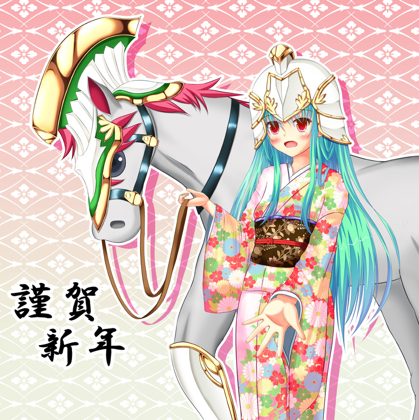 alternate_costume aqua_hair athena_(p&d) blue_hair blush commentary_request female happy_new_year hikkyou horse japanese_clothes kimono long_hair new_year open_mouth puzzle_&_dragons red_eyes solo text_background translation_request yukata