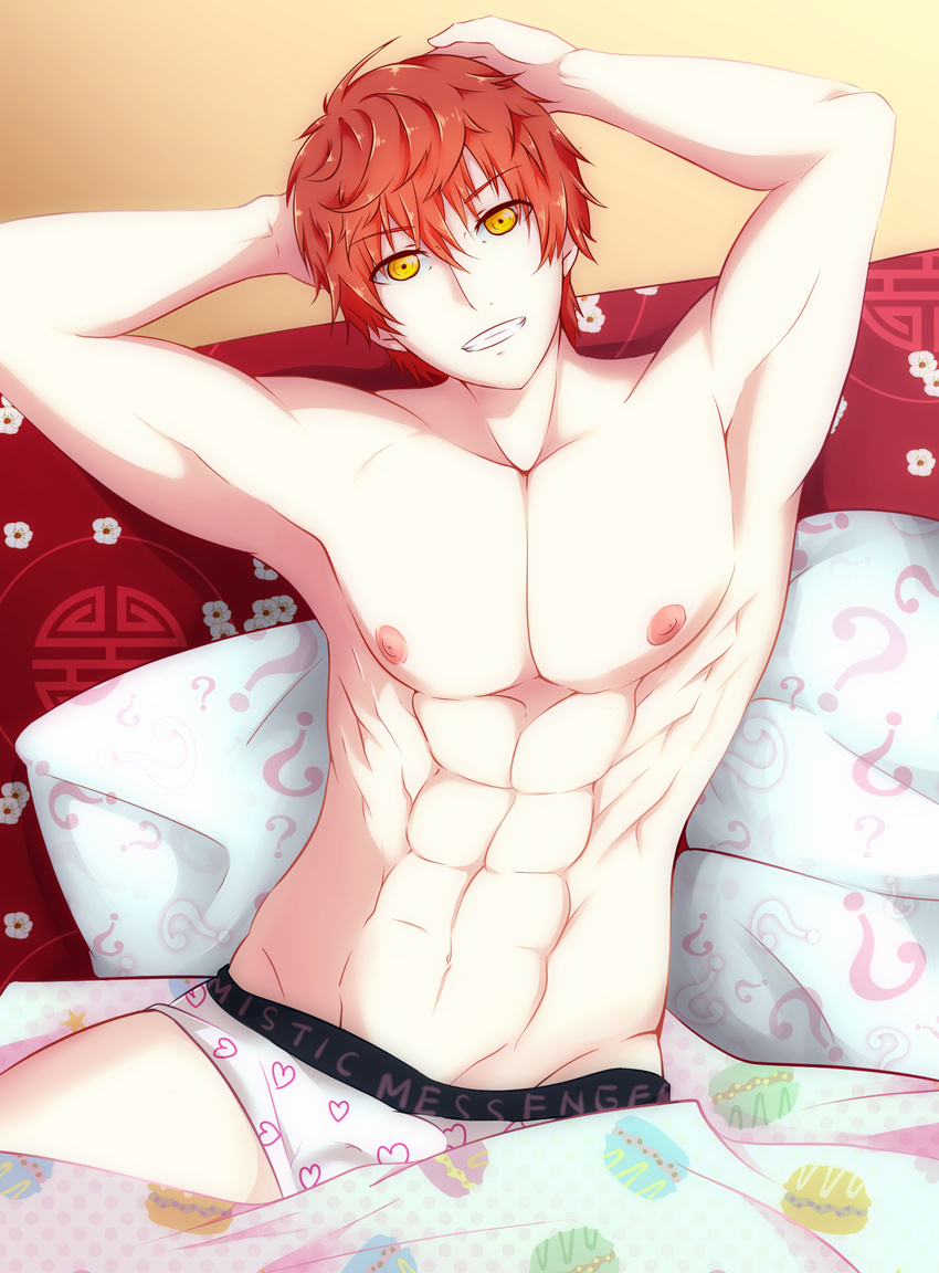 1boy 707_(susanghan_messenger) abs bed blanket looking_at_viewer lying male_focus msucle muscle mystic_messenger nipples pecs pillow red_hair smile solo susanghan_messenger teeth topless underwear yellow_eyes