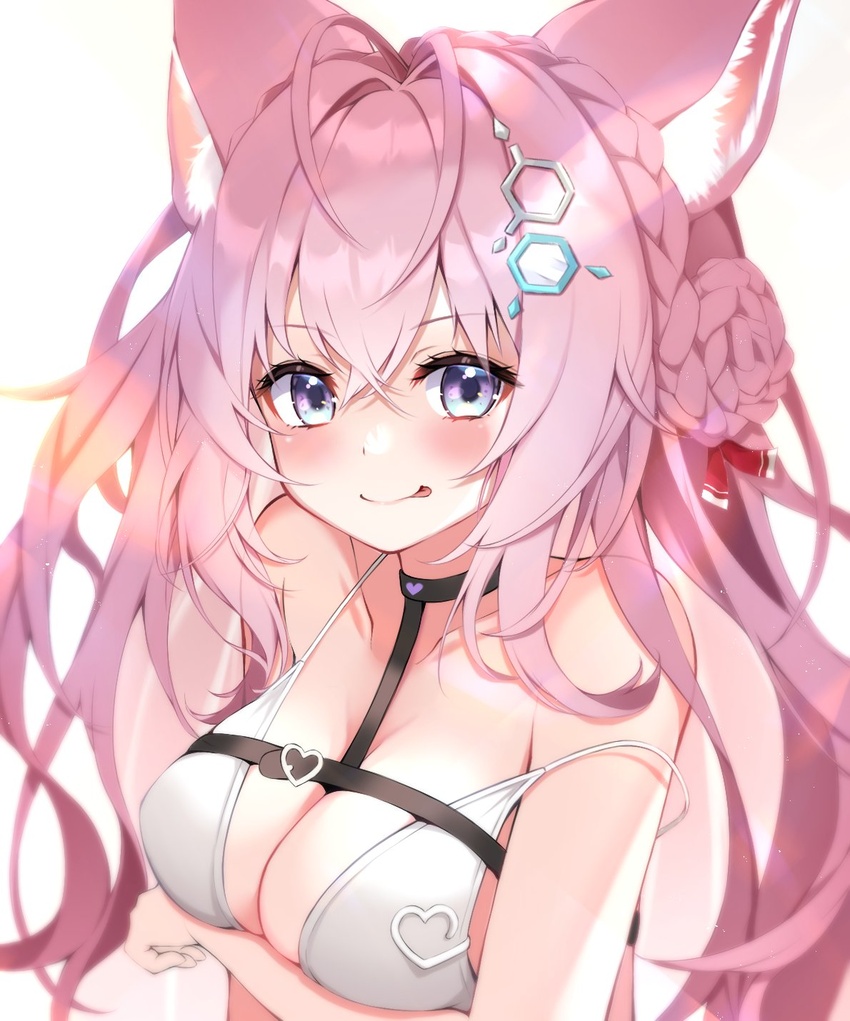 :p animal_ear_fluff animal_ears antenna_hair arm_under_breasts bare_shoulders belt_collar bra braid breasts cleavage collar eyelashes eyes_visible_through_hair female hair_ornament hakui_koyori hakui_koyori_(1st_costume) hexagon_hair_ornament highres hololive large_breasts long_hair pink_hair smile takumin_dx tongue tongue_out underwear virtual_youtuber wolf_ears