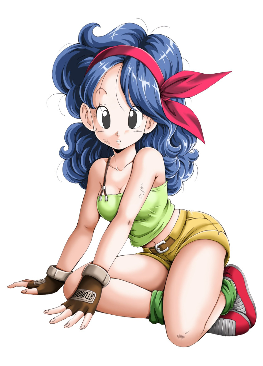 bad_id bad_twitter_id bare_shoulders belt belt_buckle blue_hair breasts brown_gloves buckle cleavage crop_top dragon_ball dragon_ball_(classic) female fingerless_gloves full_body gloves green_tank_top hair_ornament hairband highres long_hair looking_at_viewer lunch_(dragon_ball) lunch_(good)_(dragon_ball) midriff navel red_hairband short_shorts shorts simple_background solo tank_top white_background yellow_shorts youngjijii