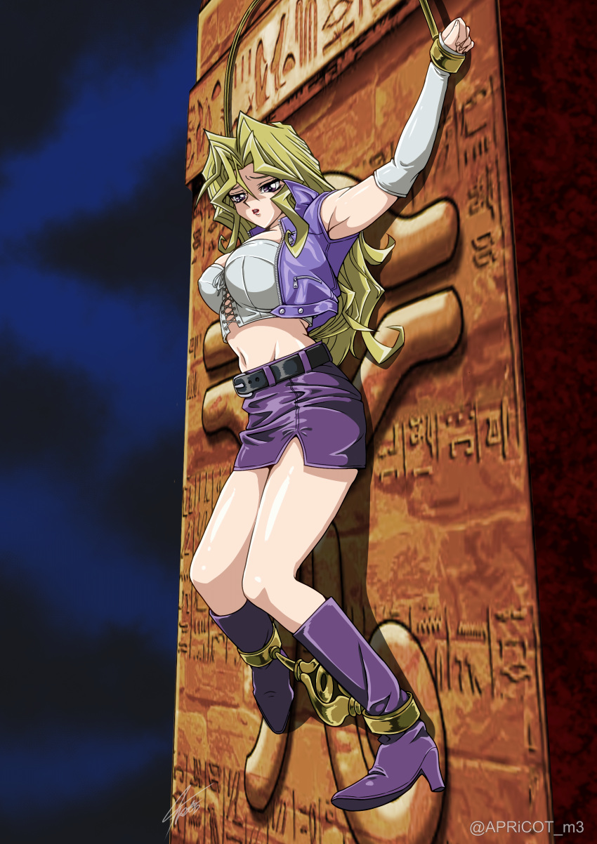 absurdres blonde_hair boots breasts crop_top cropped_jacket detached_sleeves female high_heels highres holding_arms_(yu-gi-oh!) holding_legs_(yu-gi-oh!) kujaku_mai large_breasts long_hair miniskirt parted_lips pencil_skirt restrained sakura_painter skirt solo suspension variant_set yu-gi-oh! yu-gi-oh!_duel_monsters