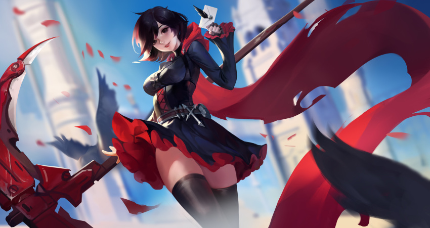 absurdres backlighting bad_id bad_pixiv_id belt belt_pouch black_dress black_gloves black_hair black_thighhighs blue_sky blurry blurry_background breasts cape chinese_commentary commentary_request corset crescent_rose cross day dress envelope ezi female fingerless_gloves frilled_dress frills gloves gradient_hair grey_eyes highres hood hood_down hooded_cape huge_weapon lips long_sleeves looking_at_viewer medium_breasts multicolored_hair nose petals pouch red_cape red_hair ruby_rose rwby scythe short_hair sky solo thighhighs two-tone_hair weapon wind wind_lift zettai_ryouiki