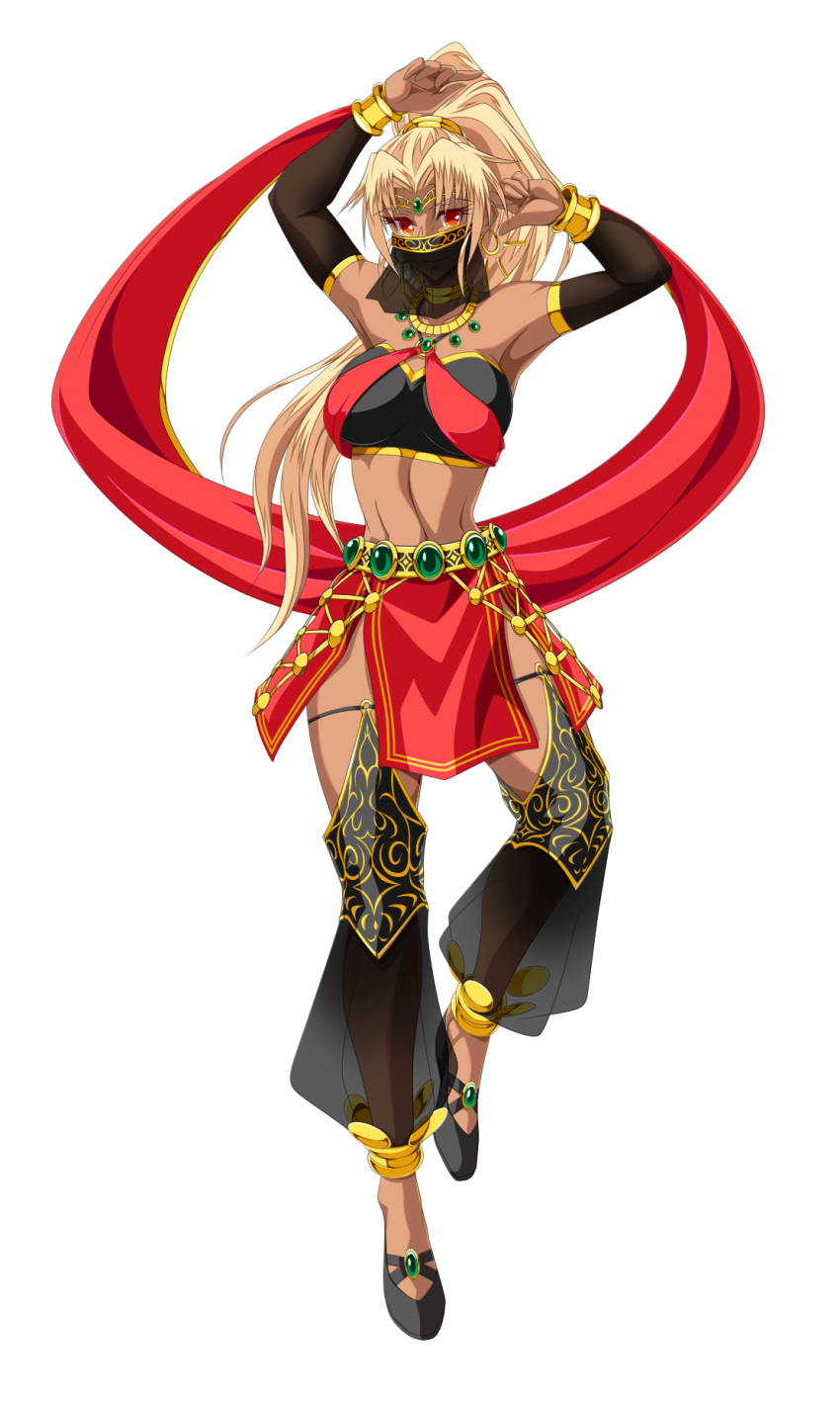 akuron_(acllon) arm_warmers arms_up black_footwear black_legwear blonde_hair breasts circlet dancer dark-skinned_female dark_skin earrings female full_body gold_trim hair_intakes highres jewelry long_hair medium_breasts midriff mouth_veil ponytail red_eyes sash sasha_(sennen_sensou_aigis) see-through sennen_sensou_aigis simple_background solo veil white_background