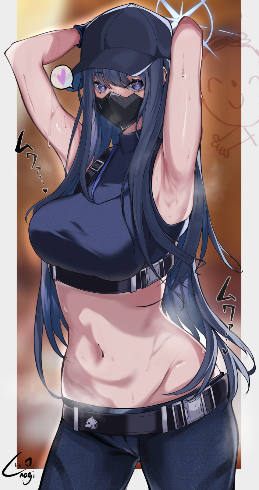 absurdres armpits arms_up bare_shoulders baseball_cap belt black_belt black_gloves black_hair black_hat black_mask black_pants black_shirt blue_archive blue_eyes blush border breasts buckle chest_harness commentary_request cowboy_shot crop_top doodle_sensei_(blue_archive) female gambaru_unagi gloves groin halo harness hat heart heart-shaped_pupils highres long_hair looking_at_viewer mask md5_mismatch medium_breasts midriff mouth_mask navel pants partial_commentary presenting_armpit saori_(blue_archive) sensei_(blue_archive) shirt signature sleeveless sleeveless_shirt smell smelly_armpits snap-fit_buckle solo spoken_heart standing steaming_body stomach sweat sweaty_armpits symbol-shaped_pupils underbust white_border