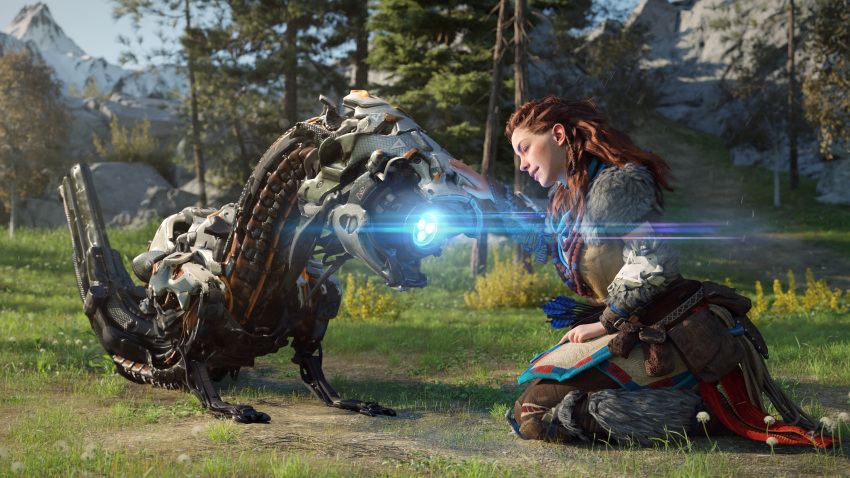 16:9 2021 3d_(artwork) 4k absurd_res aloy ambiguous_gender arrow_(weapon) cable clothed clothing collar digital_media_(artwork) duo female feral grass hair hand_on_head hi_res horizon_(series) human ivorylagiacrus kneeling lens_flare looking_at_another looking_at_partner machine mammal metallic_body mountain not_furry on_ground outside petting petting_head plant ranged_weapon red_hair robot sitting smile sony_corporation sony_interactive_entertainment tree watcher_(horizon) weapon widescreen