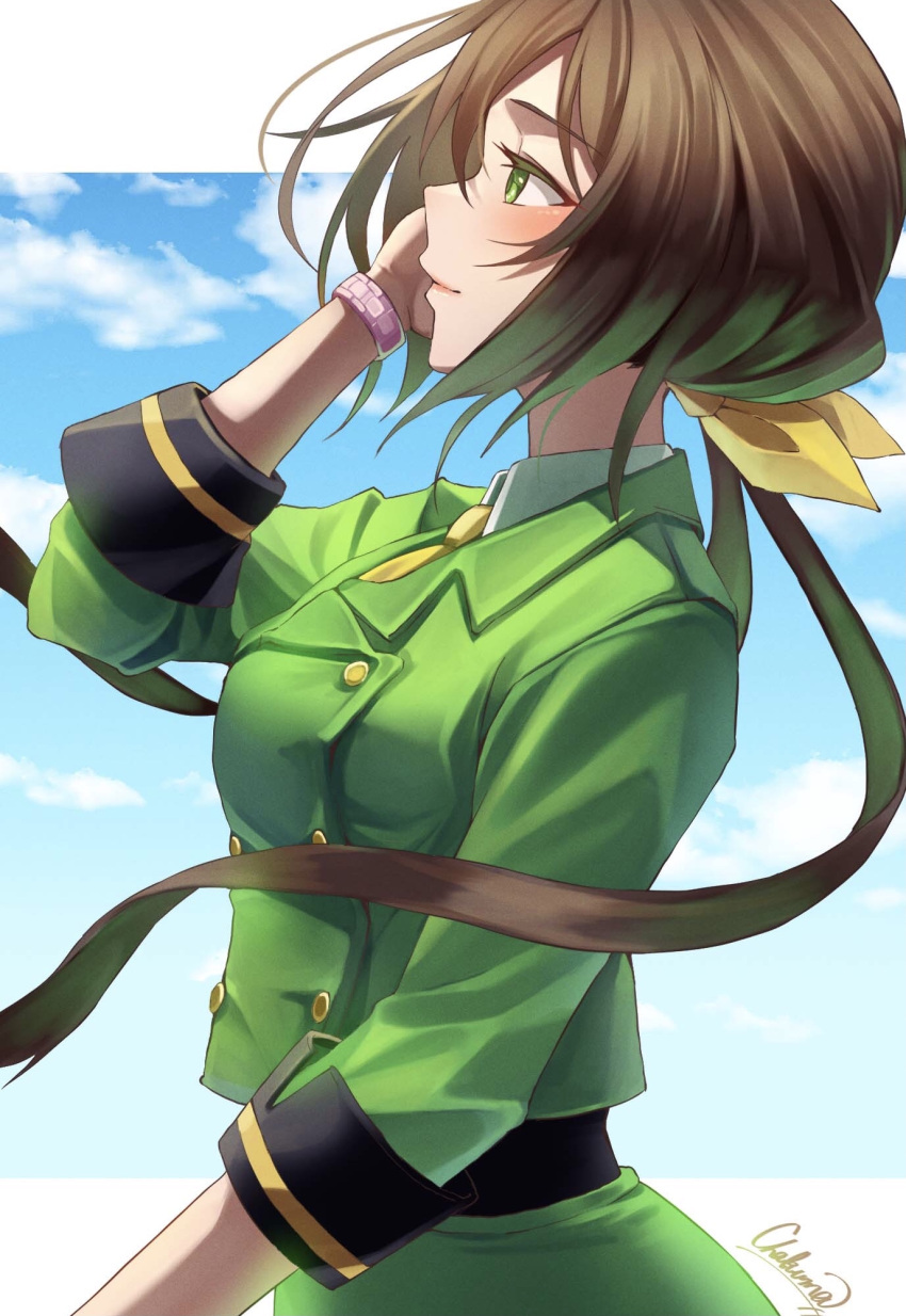 bow chakuma_(yiyh1468) collared_shirt day female green_eyes green_jacket green_skirt hairbow hayakawa_tazuna highres horse_girl jacket long_sleeves low_ponytail multicolored_hair necktie outside_border shirt signature skirt sky sleeves_rolled_up solo split-color_hair umamusume watch white_shirt wristwatch yellow_bow yellow_necktie