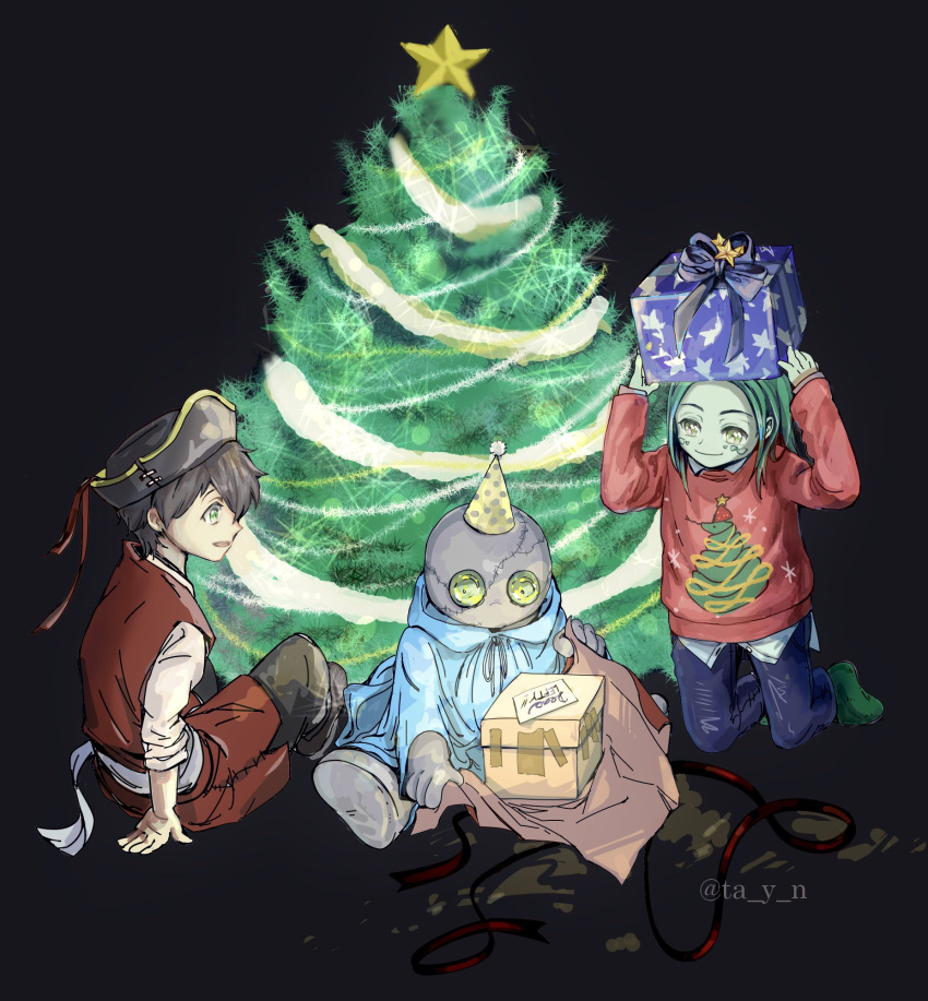 3boys black_hair box christmas christmas_lights christmas_tree colored_skin darren_shan evra_von gift gift_box green_hair green_skin grey_skin harkat_mulds highres hood hooded_coat long_hair monster_boy multiple_boys pirate_costume short_hair sitting stitched_face stitches sweater ta_y_n the_saga_of_darren_shan