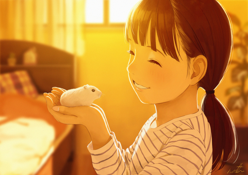 animal bed brown_hair closed_eyes commentary female hamster hands_up holding holding_animal long_sleeves medium_hair original papi_(papiron100) parted_lips plant ponytail potted_plant shirt smile solo striped_clothes striped_shirt sunset white_shirt window