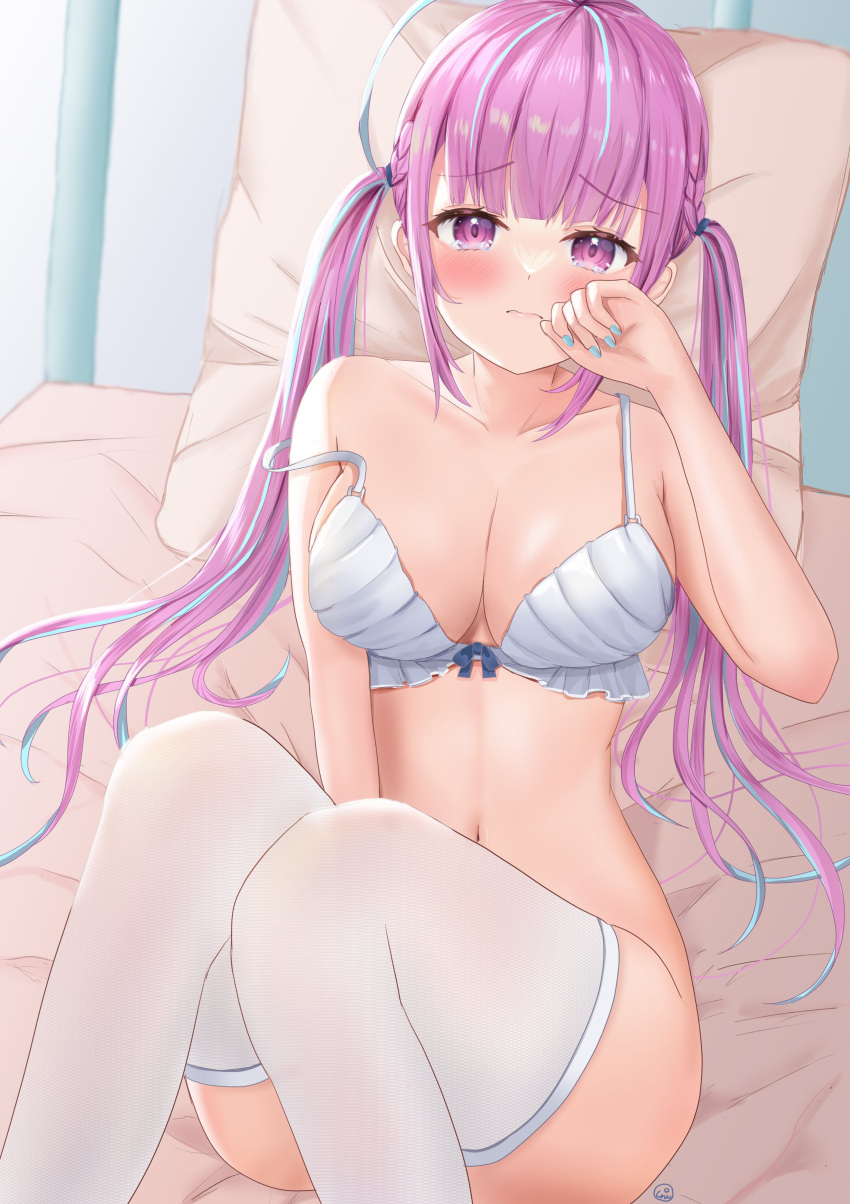 absurdres bed blue_ribbon blunt_bangs blush bottomless bra breasts cleavage collarbone colored_inner_hair female frown highres hololive large_breasts long_hair minato_aqua multicolored_hair nail_polish navel purple_eyes purple_hair ribbon sidelocks sitting solo streaked_hair tearing_up thighhighs twintails two-tone_hair underwear uni_ikura virtual_youtuber white_bra white_thighhighs