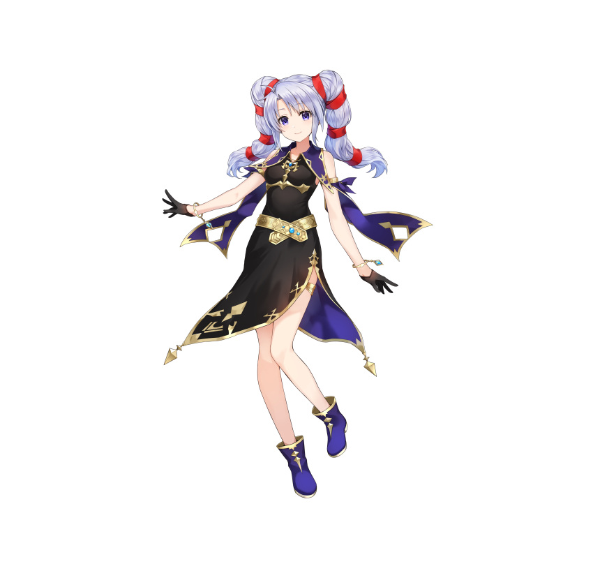 absurdres amagai_tarou ankle_boots armlet bare_shoulders belt black_dress black_gloves blue_footwear boots bracelet breasts closed_mouth commentary_request dress female fire_emblem fire_emblem:_genealogy_of_the_holy_war fire_emblem_heroes full_body gloves gold_trim highres jewelry long_hair looking_at_viewer official_art purple_eyes short_dress simple_background sleeveless sleeveless_dress small_breasts smile solo thigh_strap tine_(fire_emblem) twintails white_background