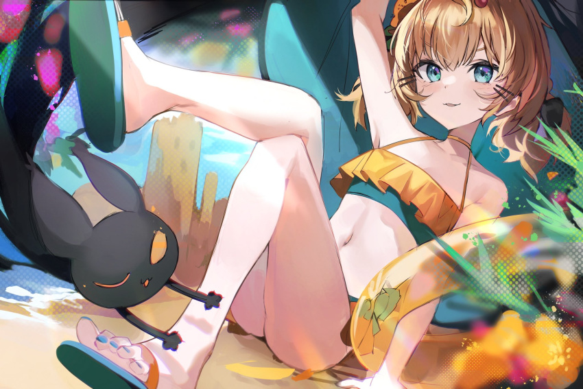 bikini black_cat blonde_hair blue_eyes bow feet feline female frilled_bikini frills green_bikini hair_ornament hairbow hairclip highres legs lucie_(millie_parfait) mellowone millie_parfait multicolored_bikini multicolored_clothes nail_polish nijisanji nijisanji_en official_alternate_costume sandals short_twintails solo swimsuit toenail_polish toenails toes twintails virtual_youtuber yellow_bikini