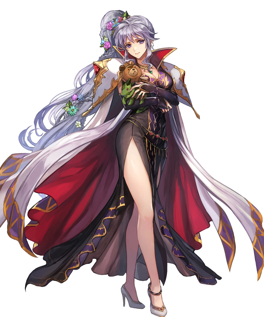 anklet armor book bracelet braid breasts bridal_gauntlets cape cleavage closed_mouth dress earrings female fire_emblem fire_emblem:_genealogy_of_the_holy_war fire_emblem_heroes flower full_body gold_trim hair_flower hair_ornament head_tilt high_heels highres holding ishtar_(fire_emblem) ishtar_(fire_emblem)_(echoing_thunder) jewelry lips long_dress long_hair looking_at_viewer medium_breasts necklace nijihayashi non-web_source official_art ponytail purple_eyes purple_hair shiny_skin shoulder_armor solo standing stuffed_animal stuffed_dragon stuffed_toy teddy_bear toy transparent_background very_long_hair