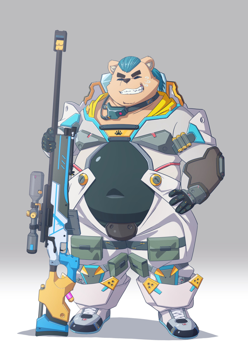 absurd_res anthro armor bear belly blue_hair bodysuit clothing eyebrows grin gun hair hi_res kemoniku120 male mammal moobs navel overweight overweight_male ranged_weapon rifle skinsuit slicked_back_hair smile sniper_rifle solo thick_eyebrows tight_clothing umi_simanami vtuber weapon