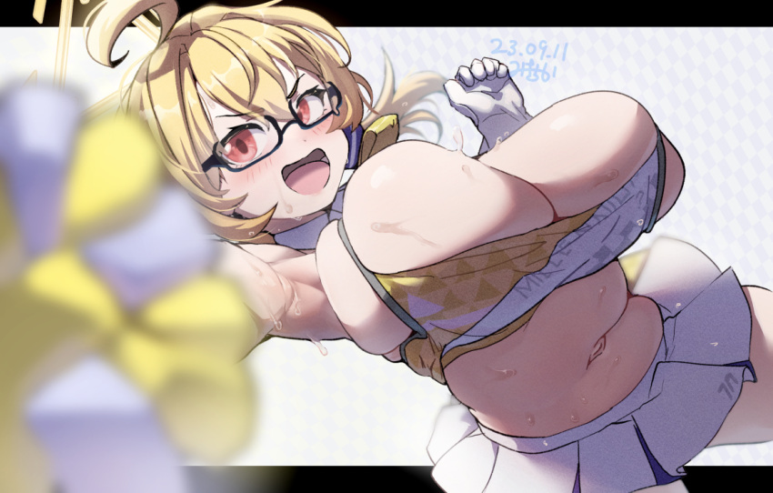 ahoge black-framed_eyewear blonde_hair blue_archive blurry blurry_foreground blush breasts cheerleader cleavage commentary_request dated dot_nose dutch_angle female film_grain gloves hair_between_eyes halo holding holding_pom_poms huge_breasts kotori_(blue_archive) kotori_(cheer_squad)_(blue_archive) looking_at_viewer mikichika millennium_cheerleader_outfit_(blue_archive) navel open_mouth outstretched_arm pleated_skirt plump pom_pom_(cheerleading) red_eyes semi-rimless_eyewear skindentation skirt solo sweat teardrop-framed_glasses thick_thighs thighs translation_request triangle_halo under-rim_eyewear upper_body white_gloves white_skirt yellow_halo