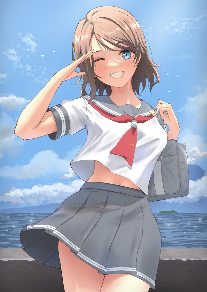 absurdres bag beach blue_eyes breasts brown_hair cloud female grey_sailor_collar grey_skirt highres looking_at_viewer love_live! love_live!_sunshine!! medium_breasts neckerchief notinversion ocean one_eye_closed outdoors pleated_skirt red_neckerchief sailor_collar salute school_uniform serafuku short_hair skirt sky smile solo uranohoshi_school_uniform watanabe_you wavy_hair