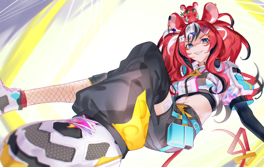 animal_ears animal_on_head aragiken asymmetrical_legwear black_sleeves blue_eyes cropped_jacket ear_chain female fishnet_thighhighs fishnets hair_ornament hairclip hairpin hakos_baelz hakos_baelz_(casual) headphones headphones_around_neck highres hololive hololive_english long_hair midriff mismatched_legwear mouse_ears mouse_girl mouse_on_head mouse_tail mr._squeaks_(hakos_baelz) multicolored_hair navel official_alternate_costume on_head puffy_short_sleeves puffy_sleeves red_hair shoes short_sleeves single_sleeve sneakers star_(symbol) star_hair_ornament streaked_hair sunglasses tail thighhighs twintails virtual_youtuber white_footwear