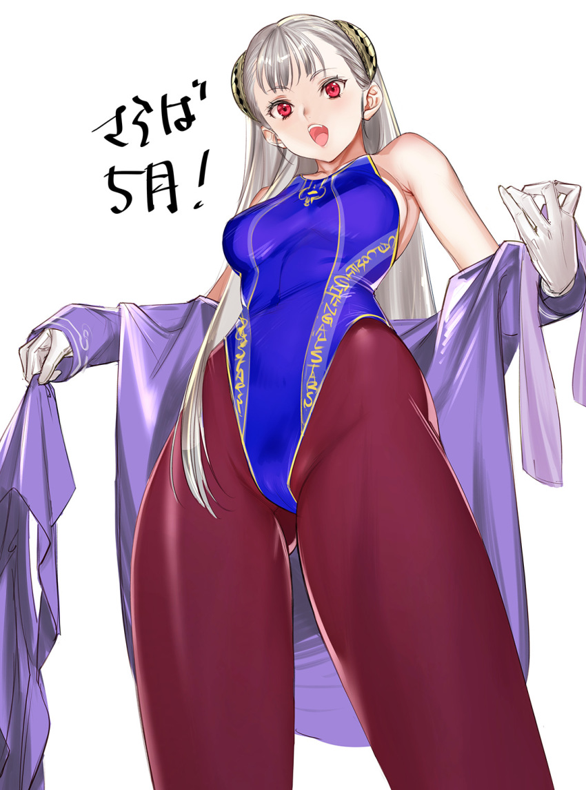 :d breasts capcom_fighting_jam commentary_request female gloves grey_hair highres ingrid_(capcom) long_hair one-piece_swimsuit open_mouth pantyhose pantyhose_under_swimsuit photoshop_(medium) project_x_zone_2 purple_pantyhose red_eyes smile solo swimsuit teeth tetsu_(kimuchi) white_gloves