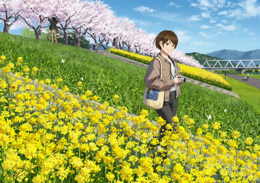 1boy bag black_pants blue_sky bridge brown_eyes brown_hair brown_jacket bug butterfly camera cherry_blossoms closed_mouth cloud female field flower flower_field grass highres holding holding_camera jacket looking_at_viewer open_clothes open_jacket original outdoors pants papi_(papiron100) rapeseed_blossoms shirt short_hair shoulder_bag sky smile solo_focus spring_(season) tree white_shirt