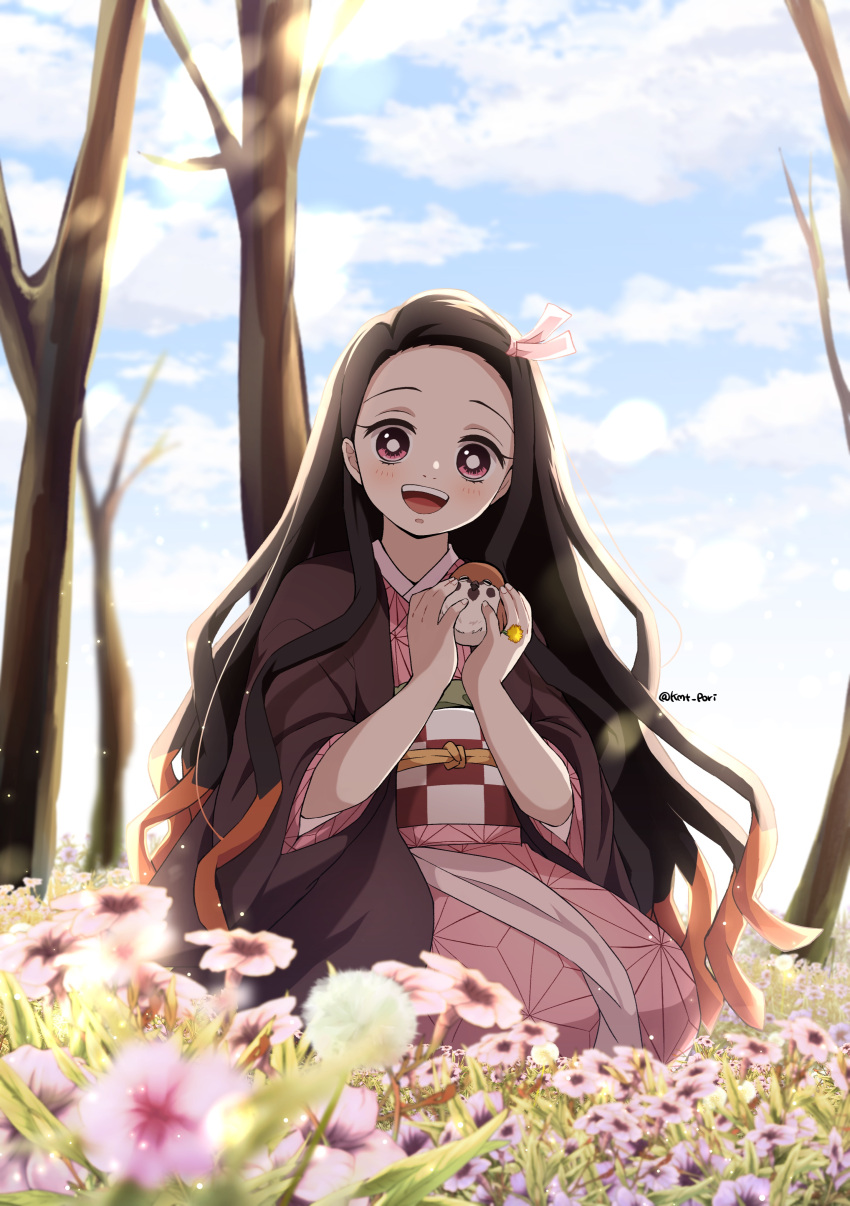 absurdres bird black_hair chuntarou_(kimetsu_no_yaiba) commentary female flower gradient_hair hair_ribbon haori highres japanese_clothes kamado_nezuko kimetsu_no_yaiba kimono long_hair long_sleeves looking_at_viewer mouth_hold multicolored_hair obi open_mouth outdoors pink_eyes pink_kimono pink_ribbon pori_(kmt_pori) protected_link ribbon sash symbol-only_commentary twitter_username very_long_hair