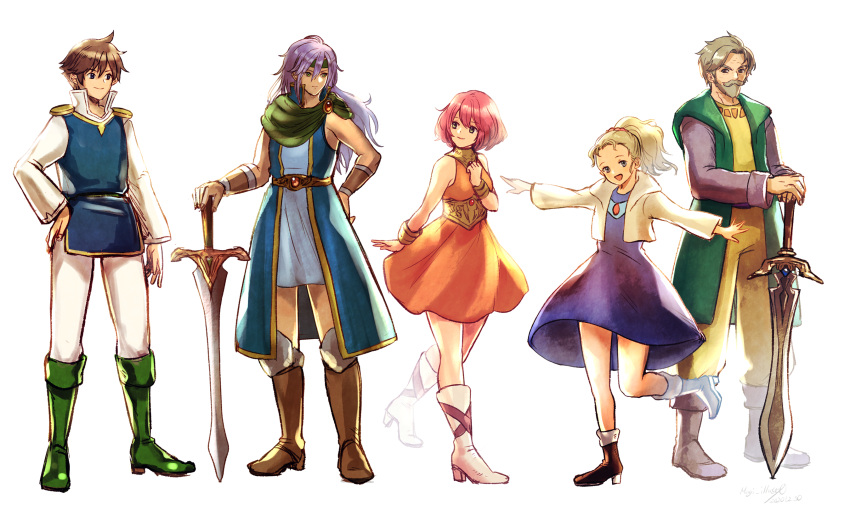 2boys 3girls bartz_klauser beard blonde_hair blue_eyes blue_tunic boots bracelet brown_hair facial_hair faris_scherwiz final_fantasy final_fantasy_5 galuf_halm_baldesion gem green_eyes green_scarf grey_hair hair_between_eyes headband highres holding holding_weapon jewelry komugiko_no_mori krile_mayer_baldesion_(ff5) lenna_charlotte_tycoon long_hair moustache multiple_boys multiple_girls pink_hair ponytail purple_hair scarf short_hair simple_background skirt sword weapon white_background