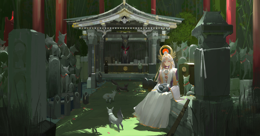 absurdres animal_on_lap bell blonde_hair closed_mouth commentary day dress female fox fox_statue grass graveyard hair_ornament highres inari_miketsu_(onmyoji) japanese_clothes jingle_bell long_dress long_hair long_sleeves looking_at_viewer miketsu_(onmyoji) neck_bell on_lap onmyoji onmyouji outdoors paindude pillar red_eyes red_ribbon ribbon scenery shade shrine sitting solo statue sunlight tombstone veil white_dress white_headwear wide_shot wide_sleeves