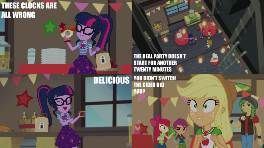 4_panel_comic apple_bloom_(eg) applejack_(eg) arm_under_breasts beverage big_macintosh_(eg) blonde_hair bottle bottomwear bucket clock closed_eyes clothing container cup derpibooru dish dutch_angle english_text equestria_girls eyewear female floor furniture glass glass_container glass_cup glasses green_eyes green_hair group hair hasbro hat headgear headwear holding_beverage holding_object human human_only laugh looking_aside male mammal multicolored_hair my_little_pony not_furry party portrait purple_bottomwear purple_clothing purple_hair purple_skirt red_clothing red_hair red_ribbon red_shirt red_tablecloth red_topwear sandalwood_(eg) sci-twi scootaloo_(eg) shirt short_hair skirt smile stairs table tablecloth talking_to_another text three-quarter_portrait topwear unknown_artist white_text wood wood_floor wood_stairs wool_clothing wool_hat wool_headwear