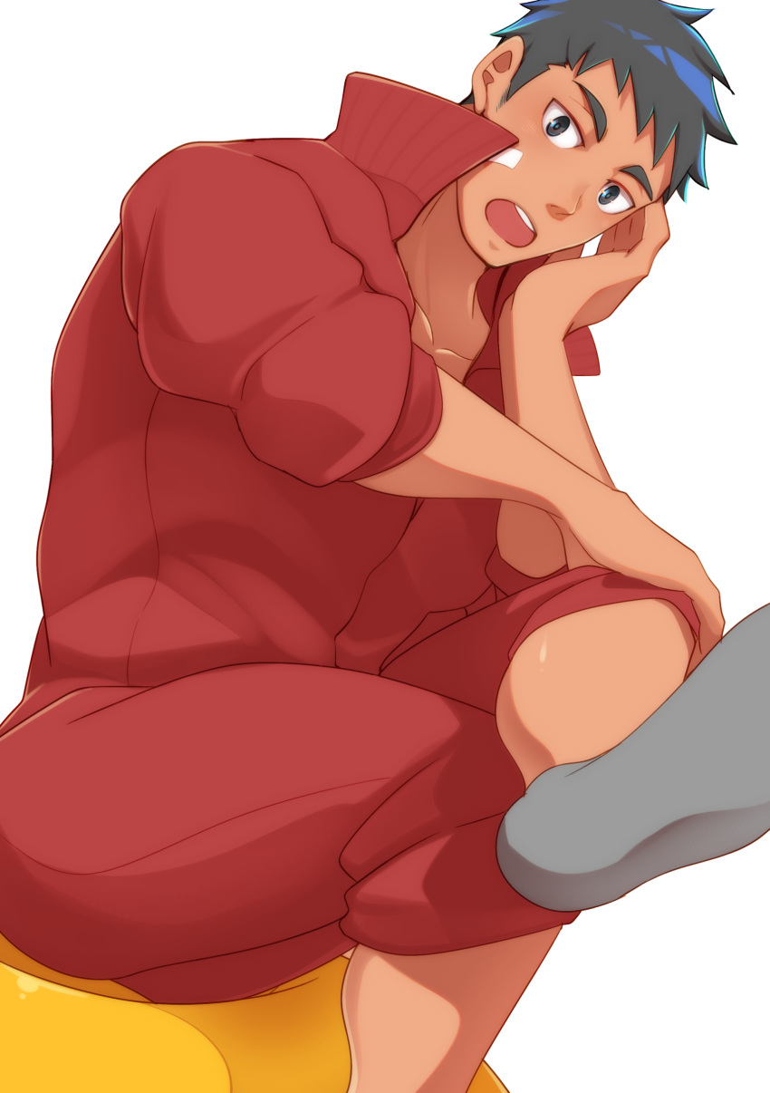 1boy absurdres bandaid bandaid_on_cheek bandaid_on_face bara blush commentary_request crow_(siranui) dark-skinned_male dark_skin elbow_rest feet highres looking_at_viewer male_focus muscular muscular_male original pants pants_rolled_up presenting_foot red_pants red_shirt shirt short_hair sideburns sleeves_rolled_up socks solo thighs