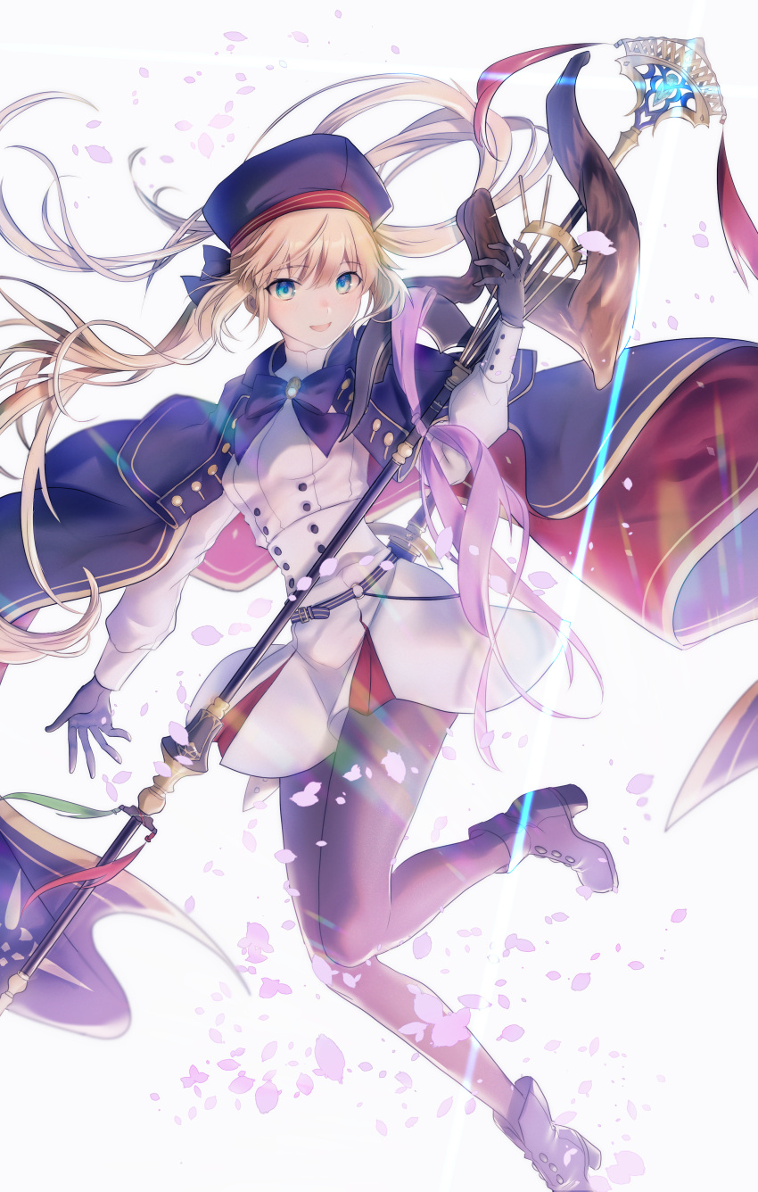 absurdres artoria_caster_(fate) artoria_caster_(second_ascension)_(fate) artoria_pendragon_(fate) belt black_gloves blonde_hair blue_belt blue_capelet blue_headwear boots breasts capelet dress fate/grand_order fate_(series) female gloves green_eyes highres holding holding_staff katase_bono long_hair long_sleeves looking_at_viewer multicolored_capelet open_mouth pantyhose smile solo staff twintails white_dress