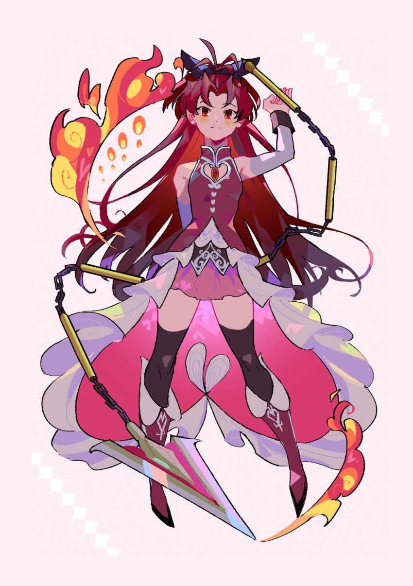 absurdres antenna_hair arms_behind_back bare_shoulders black_bow black_thighhighs blush boots bow detached_sleeves female fire hairbow highres knee_boots light_smile long_hair looking_at_viewer magical_girl mahou_shoujo_madoka_magica mahou_shoujo_madoka_magica_(anime) pink_skirt polearm red_eyes red_footwear red_hair red_vest sakura_kyoko sakura_kyoko_(magical_girl) skirt solo soul_gem thighhighs thighs vest waist_cape weapon white_background white_sleeves yooki_(winter_cakes)