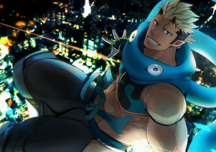 1boy abs bara bare_shoulders black_pants blonde_hair blue_scarf chest_harness cityscape commentary_request crow_(siranui) harness highres horns jiraiya_(housamo) large_pectorals looking_at_viewer male_focus muscular muscular_male pants pectorals scarf short_hair sideburns skin-covered_horns smile solo stomach thick_thighs thighs tight_clothes tokyo_afterschool_summoners