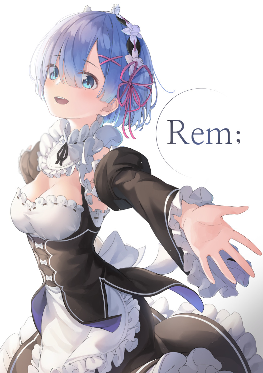 :d absurdres blue_eyes blue_hair blush breasts character_name cleavage commentary detached_sleeves dress female frills hair_ornament hair_over_one_eye hair_ribbon highres kimyo large_breasts long_sleeves looking_at_viewer maid maid_headdress open_mouth outstretched_arms pink_ribbon puffy_sleeves re:zero_kara_hajimeru_isekai_seikatsu rem_(re:zero) ribbon roswaal_mansion_maid_uniform short_hair smile solo symbol teeth upper_teeth_only x_hair_ornament