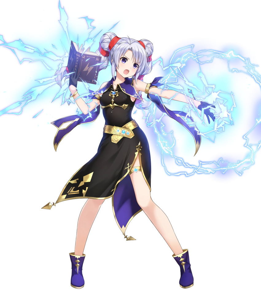 amagai_tarou ankle_boots armlet bare_shoulders belt black_dress black_gloves blue_footwear book boots bracelet breasts dress female fire_emblem fire_emblem:_genealogy_of_the_holy_war fire_emblem_heroes full_body gloves glowing gold_trim hands_up highres holding holding_book jewelry lightning lightning_bolt_symbol long_hair looking_away magic non-web_source official_art open_book open_mouth purple_eyes short_dress sleeveless sleeveless_dress small_breasts solo thigh_strap tine_(fire_emblem) transparent_background twintails