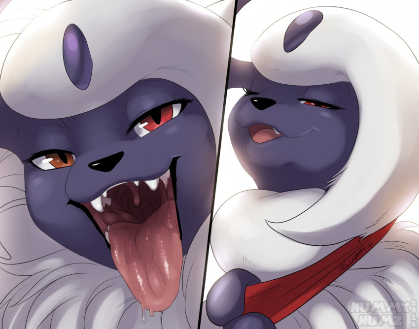 absol ambiguous_form ambiguous_gender bedroom_eyes black_nose bodily_fluids collar drooling fangs fur gaping_mouth glistening horn looking_at_viewer mammal mouth_shot narrowed_eyes neck_bulge neck_tuft nintendo nummynumz one_eye_closed open_mouth oral_vore pokémon_(species) pokemon red_eyes saliva saliva_on_tongue seductive sharp_teeth soft_vore solo swallowing teeth throat tongue tongue_out tuft uvula video_games vore white_body white_fur