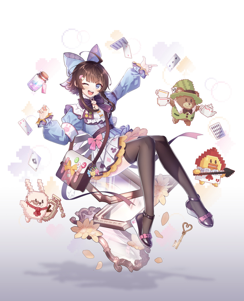 ;d absurdres ace_(playing_card) ace_of_hearts ace_of_spades ahoge alternate_costume animal_print argyle arm_up armband artistic_error bad_reflection badge bag bird black_thighhighs blouse blue_bow blue_dress blue_eyes blue_shirt blunt_bangs blush bow bowtie brown_hair buckle button_badge card charm_(object) circle cleavage_cutout clock clothing_cutout club_(shape) collar commentary_request cork corked_bottle counter:side cup diamond_(shape) diamond_cutout dress ears_through_headwear english_text falling_petals female finger_gun five_of_hearts flipped_hair floating flower food-themed_hair_ornament footwear_bow frilled_collar frilled_sleeves frills frog glass_bottle gradient_background green_hat green_vest hair_ornament hairbow hairpin hand_up hat heart heart-shaped_buckle high-waist_skirt high_heels highres holding holding_cup holding_polearm holding_teapot holding_weapon juliet_sleeves key korean_commentary large_bow leaning_back long_sleeves mirror mixed-language_commentary monocle mushroom_hair_ornament nurumi_p one_eye_closed petals pixelated playing_card playing_card_print playing_card_theme pleated_skirt polearm potion puffy_sleeves rabbit rabbit_ornament rabbit_print reflection shadow shirt short_hair shoulder_bag sidelocks signature sitting skirt smile solo spade_(shape) spear star_(symbol) strappy_heels stuffed_animal stuffed_toy tag teacup teapot teddy_bear thighhighs three_of_clubs top_hat two_of_diamonds v-shaped_eyebrows vest weapon wedge_heels white_background white_skirt yang_harim zettai_ryouiki