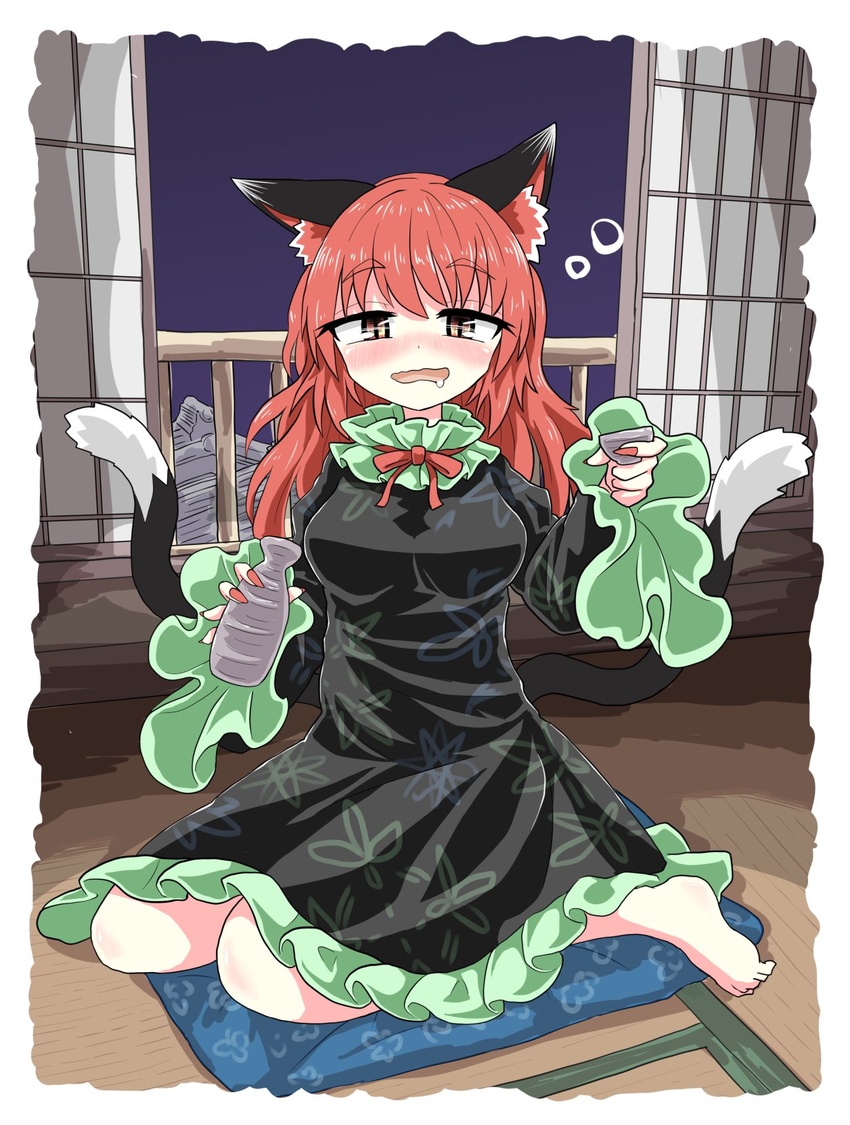 alcohol alternate_hairstyle animal_ears bare_legs barefoot black_dress blue_carpet bow bowtie breasts bubble cat_ears choko_(cup) chups commentary cup cushion dashed_eyes dress drunk extra_ears female frilled_dress frills highres kaenbyou_rin long_sleeves looking_at_viewer multiple_tails nail_polish red_bow red_bowtie red_eyes red_hair red_nails sake shouji shrine sliding_doors squeans tail tatami tokkuri touhou two_tails zabuton