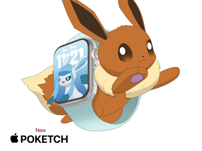 absurd_res ambiguous_gender apple_inc. apple_watch blue_body blue_eyes blue_fur brown_body brown_eyes brown_fur duo eevee eeveelution english_text feral fur generation_1_pokemon generation_4_pokemon glaceon hi_res logo nintendo pokemon pokemon_(species) simple_background text white_background