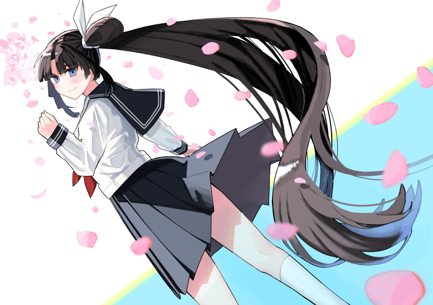 absurdres alternate_costume black_hair black_sailor_collar black_skirt blue_eyes blush cherry_blossoms contemporary fate/grand_order fate_(series) female highres long_hair looking_at_viewer looking_back neckerchief o_mochi_(usami31mi) pleated_skirt red_neckerchief ribbon sailor_collar school_uniform serafuku skirt solo ushiwakamaru_(fate) very_long_hair white_ribbon wind wind_lift