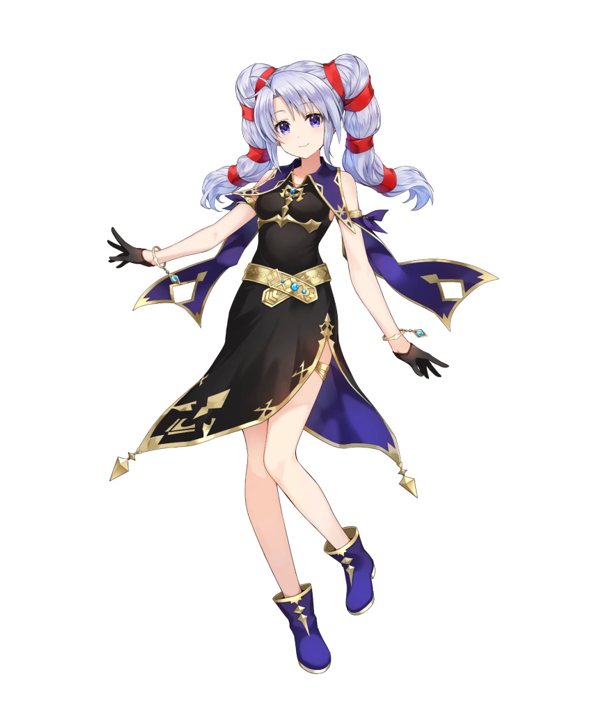 amagai_tarou ankle_boots armlet bare_shoulders belt black_dress black_gloves blue_footwear boots bracelet breasts closed_mouth dress female fire_emblem fire_emblem:_genealogy_of_the_holy_war fire_emblem_heroes full_body gloves gold_trim highres jewelry long_hair looking_at_viewer non-web_source official_art purple_eyes short_dress sleeveless sleeveless_dress small_breasts smile solo thigh_strap tine_(fire_emblem) transparent_background twintails