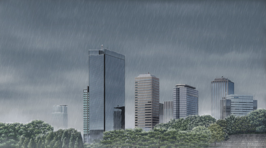 building city cityscape cloud commentary dark_clouds helipad highres isbeyvan japan no_humans original osaka_(city) outdoors rain reflection scenery sky skyscraper tree wall