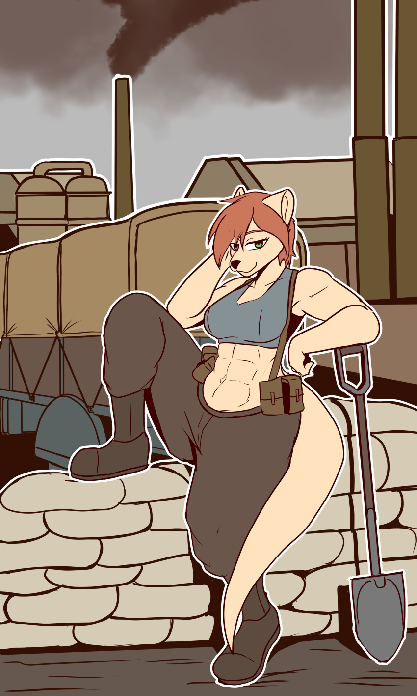 3:5 abs absurd_res anthro boots breasts clothing female footwear green_eyes hair hi_res looking_at_viewer mammal marsupial military muscular muscular_female red_hair relaxing shirt short_hair shovel smile smoke solo tan_body tank_top the_man tools topwear truck