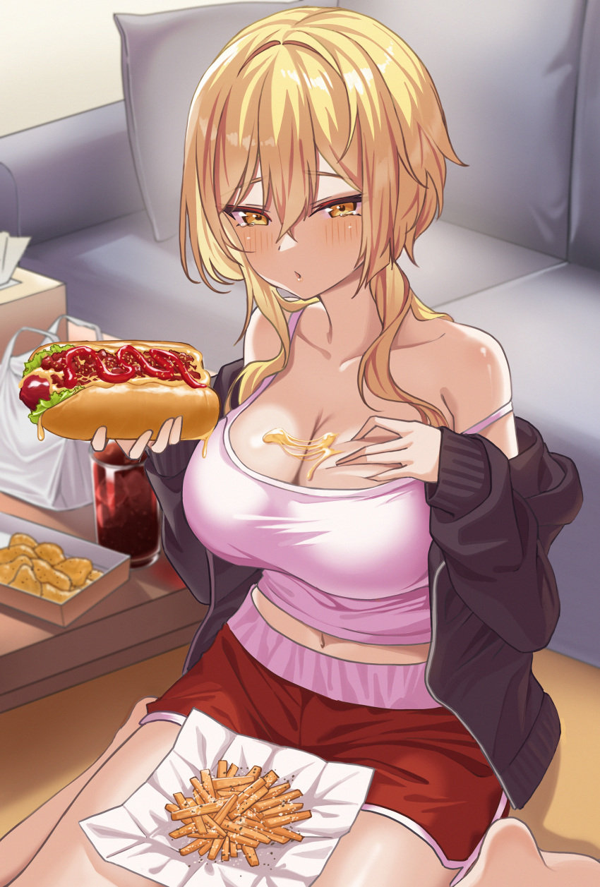 absurdres alternate_breast_size alternate_costume bare_shoulders blonde_hair bread breasts camisole cleavage collarbone commentary couch custard female food food_on_body food_on_breasts genshin_impact highres holding holding_food hot_dog ketchup large_breasts lumine_(genshin_impact) midriff navel o-los parted_lips sandwich shirt shorts sitting soda solo spaghetti_strap strap_slip sweater wariza yellow_eyes