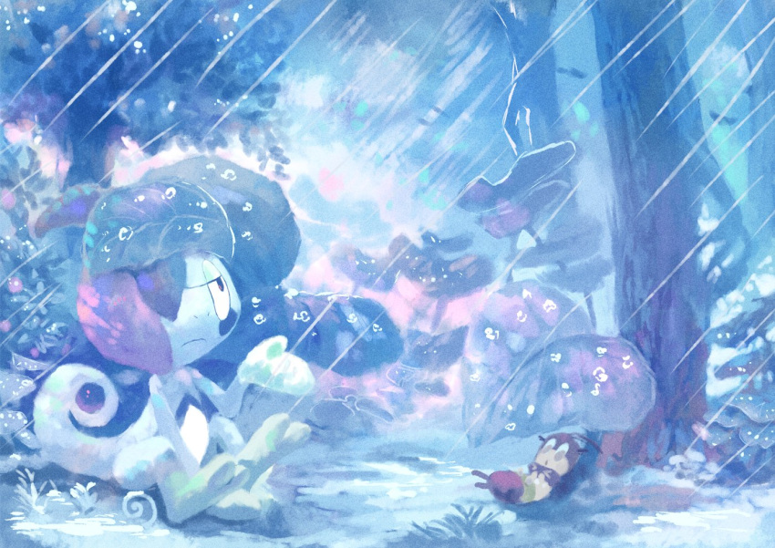 bad_id bad_pixiv_id blipbug blue_theme bug closed_mouth commentary_request drizzile frown hand_up konamikohane leaf looking_up lying no_humans on_back outdoors pokemon pokemon_(creature) rain sitting toes tree