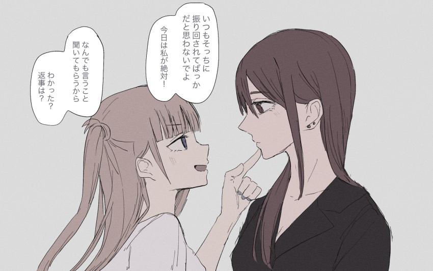 2girls bad_id bad_twitter_id black_shirt breasts brown_eyes brown_hair cleavage collarbone commentary_request earrings eye_contact from_side grey_background grey_eyes grey_nails hair_between_eyes highres jewelry kazakami_saaya long_hair looking_at_another medium_breasts multiple_girls nail_polish one_side_up profile sakura_no_sekai shirt simple_background stud_earrings translation_request tsuruse utsumi_sakura white_shirt yuri