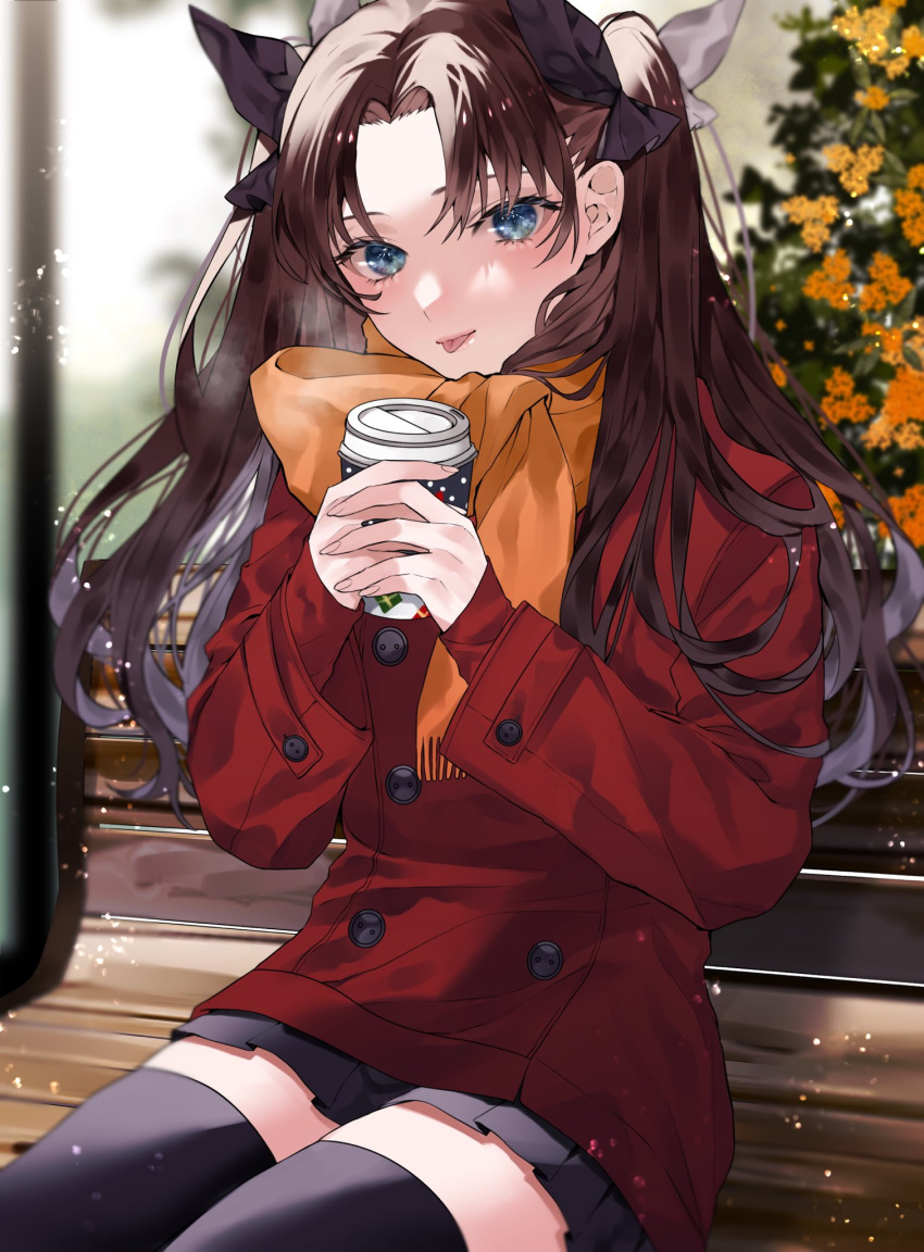 black_hair black_ribbon black_thighhighs blue_eyes blurry blurry_background breath brown_hair buttons cup disposable_cup fate/stay_night fate_(series) female hair_ribbon highres holding holding_cup jacket long_hair looking_at_viewer orange_scarf outdoors pleated_skirt red_jacket ribbon scarf shimatori_(sanyyyy) sitting skirt solo thighhighs tohsaka_rin tongue tongue_out zettai_ryouiki