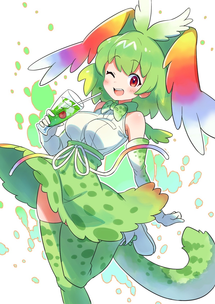 ;d alternate_color animal_ears bow bowtie cellval cherry commentary cup drinking_glass drinking_straw female food fruit gloves green_gloves green_hair green_neckwear green_skirt green_tail green_thighhighs head_wings high-waist_skirt highres holding holding_cup kamuraaa_615 kemono_friends leg_up looking_at_viewer medium_hair one_eye_closed open_mouth print_bow print_bowtie print_gloves print_skirt print_thighhighs rainbow_wings red_eyes serval_(kemono_friends) serval_print shirt shoes skirt sleeveless sleeveless_shirt smile solo standing standing_on_one_leg tail thighhighs traditional_bowtie white_footwear white_shirt wings