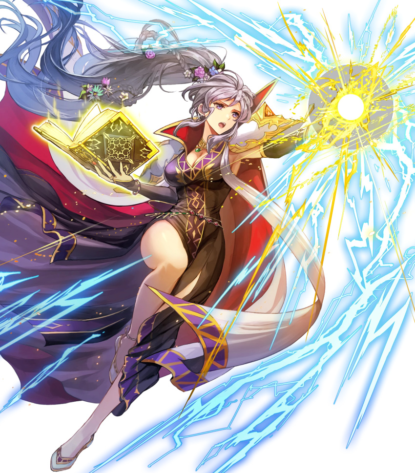 armor armpits book bracelet braid breasts bridal_gauntlets cape cleavage dress earrings female fire_emblem fire_emblem:_genealogy_of_the_holy_war fire_emblem_heroes flower full_body glowing gold_trim hair_flower hair_ornament highres holding holding_book ishtar_(fire_emblem) ishtar_(fire_emblem)_(echoing_thunder) jewelry leg_up lightning long_dress long_hair looking_away magic medium_breasts nijihayashi non-web_source official_art open_book open_mouth ponytail purple_eyes purple_hair shoulder_armor solo thighs transparent_background very_long_hair