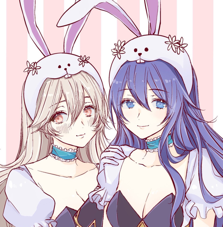 2girls animal_ears ballpoint_pen_(medium) blue_eyes blue_hair breasts choker cleavage closed_mouth collarbone corrin_(female)_(fire_emblem) corrin_(fire_emblem) cosplay fire_emblem fire_emblem_awakening fire_emblem_fates gloves grey_hair hair_between_eyes hand_on_another's_shoulder highres long_hair looking_at_viewer lucina_(fire_emblem) lucina_(fire_emblem)_(cosplay) lucina_(spring)_(fire_emblem) medium_breasts multiple_girls official_alternate_costume orange_eyes rabbit_ears roroichi short_sleeves smile super_smash_bros. traditional_media upper_body very_long_hair white_gloves