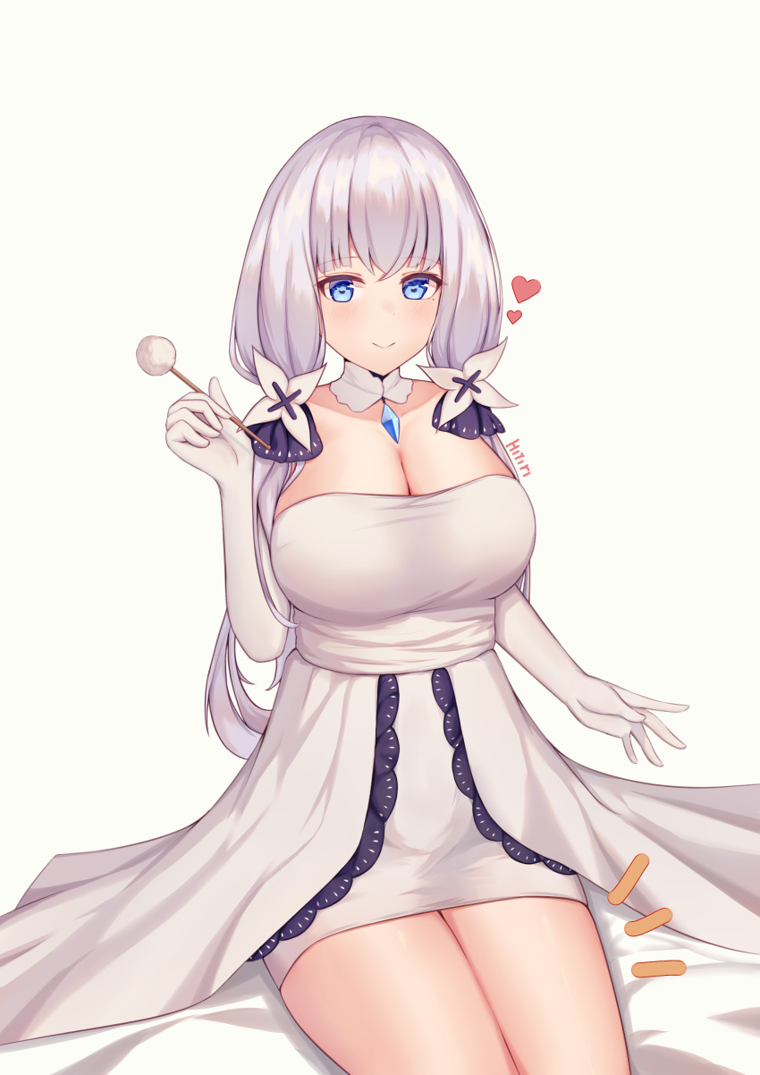 absurdres azur_lane blue_eyes breasts cleavage detached_collar dress elbow_gloves female gloves heart highres hitori_yui illustrious_(azur_lane) lap_pillow_invitation large_breasts long_hair looking_at_viewer mimikaki simple_background sitting smile solo strapless strapless_dress tri_tails white_background white_dress white_gloves white_hair