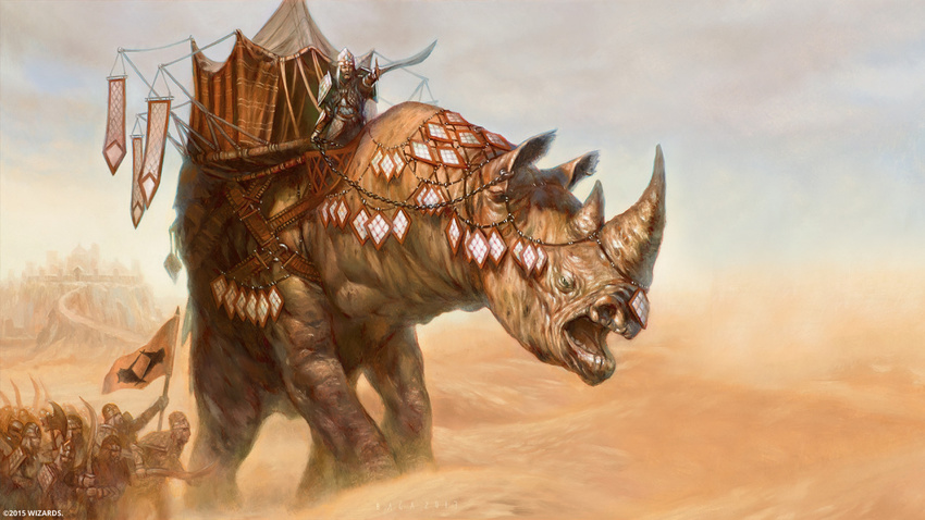 16:9 armor army better_version_at_source brandishing desert feral group hasbro horn human magic:_the_gathering mammal military official_art open_mouth quadruped rhinoceros size_difference soldier solo_focus tent volkan_baga walking warrior widescreen wizards_of_the_coast